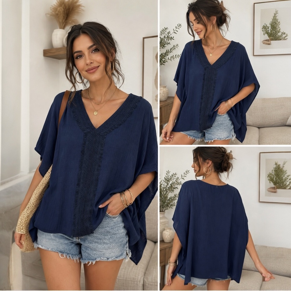 JM Collection Lace Trim Gauze Poncho Top w/ Attached Tank Blue M 100% cotton